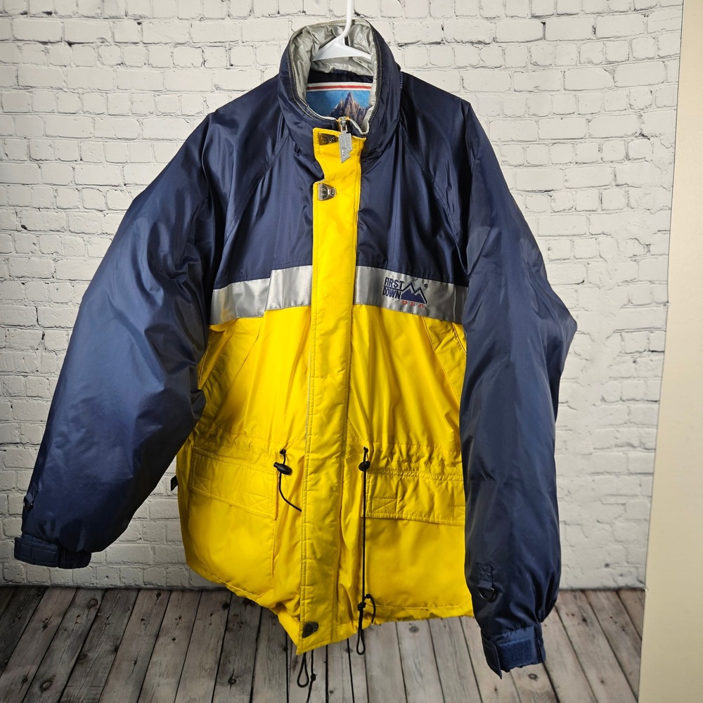Vintage First Down USA Puffer Jacket XXL Navy Yellow Down Fill Reflective Parka